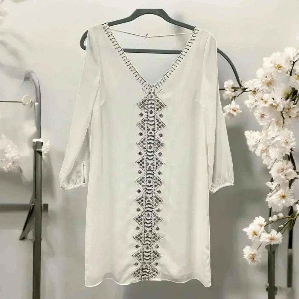 Greylin Vira Open Sleeve Beaded Shift Dress Ivory Black Resort Boho Size XS